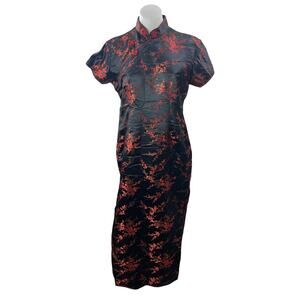 Kunto Womens Black Red Silk Floral Embroidered Chinese Maxi Sheath Dress Size XL